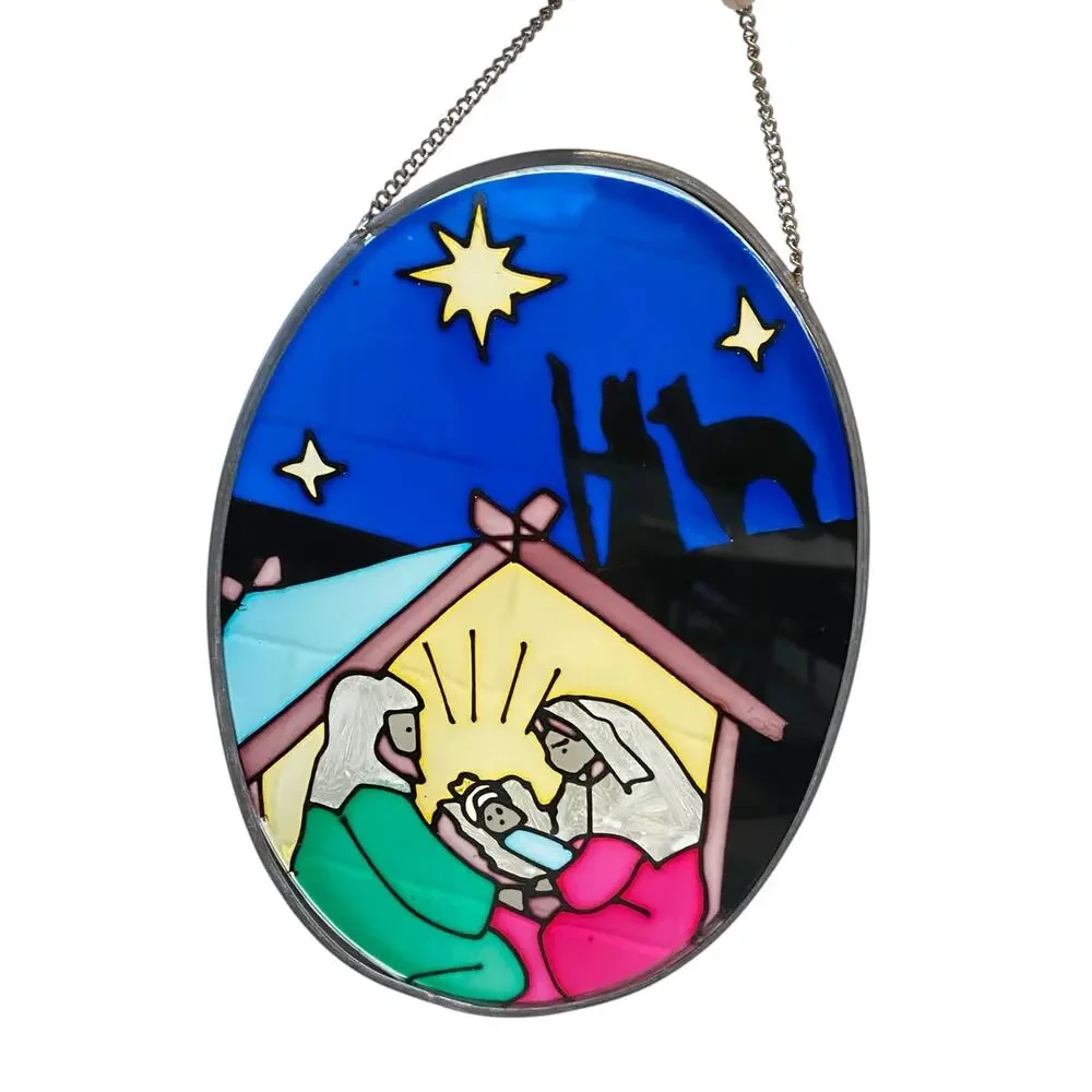 Stained Glass Nativity Set Wall Decor Baby Jesus in Manger Joseph Mary Holy